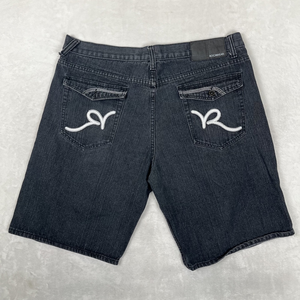 Vintage Rocawear Denim Shorts Mens 44B Gray Dark Wash 12 Inseam Y2K Hip Hop